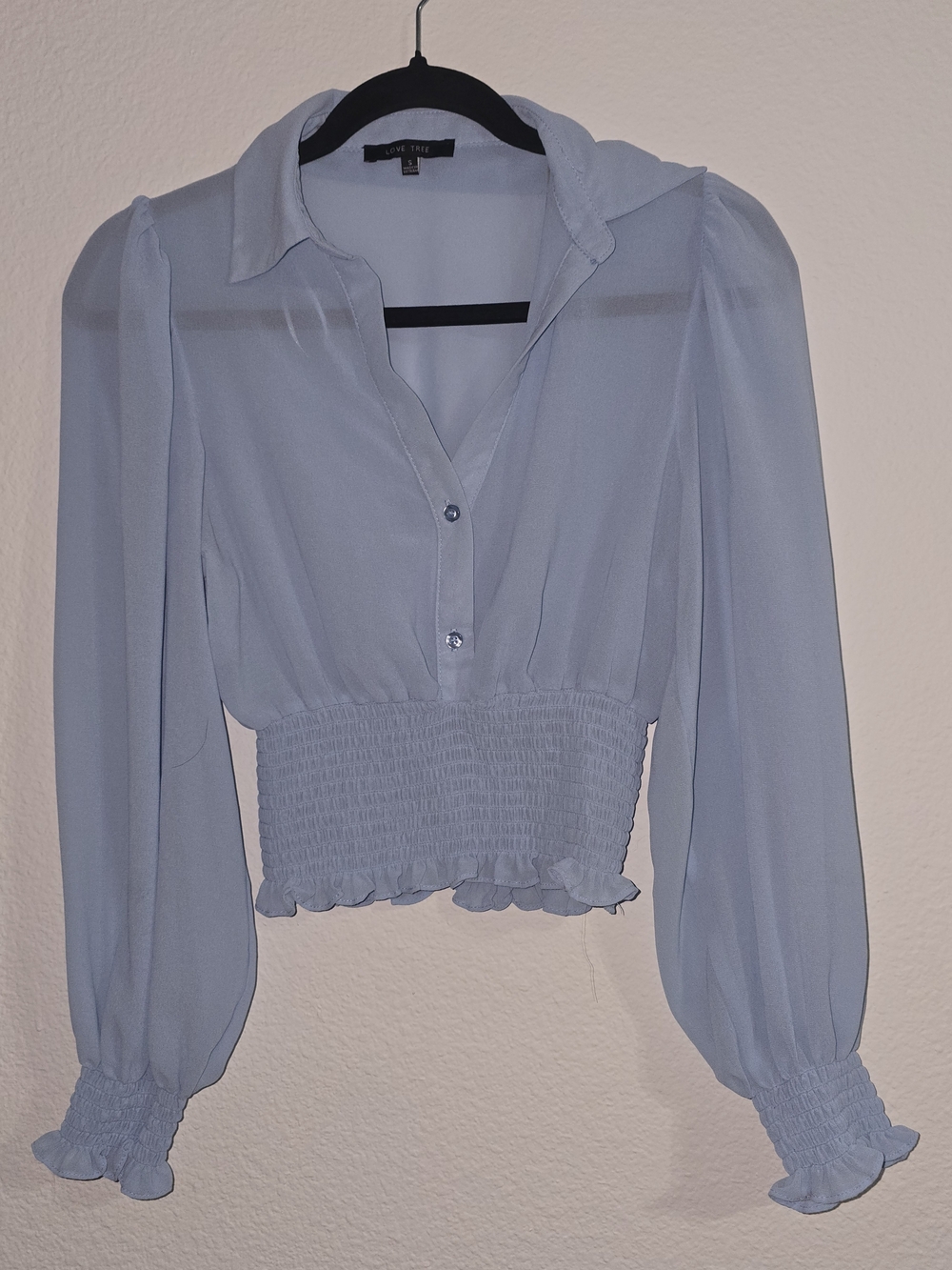 Love Tree Light Blue Smocked Waist Chiffon Blouse